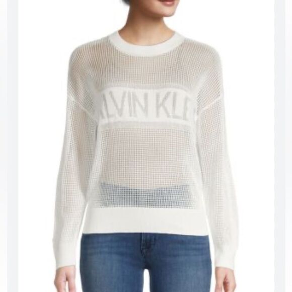 NWOT Calvin Klein | White Mesh Open Weave Logo Crewneck Pullover Sweater XL - Picture 1 of 9